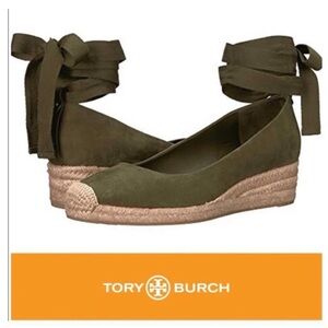 Brand New Tory Burch “Heather” Lace Up Olive Green Suede Espadrilles Wedges